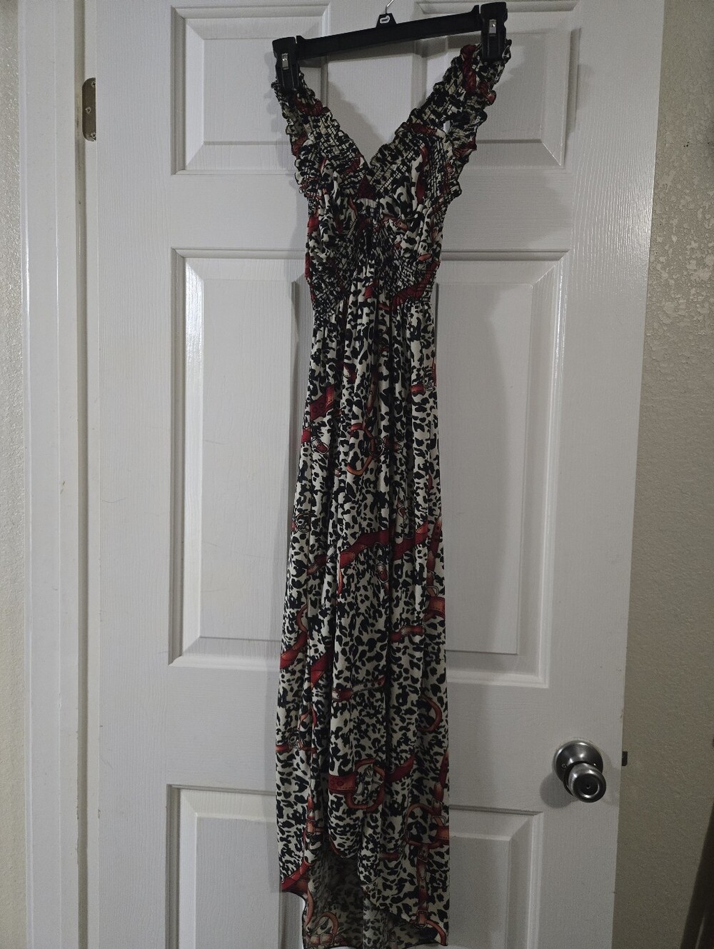 Smocked V-Neck Cream Maxi Dress with Red and Black Print